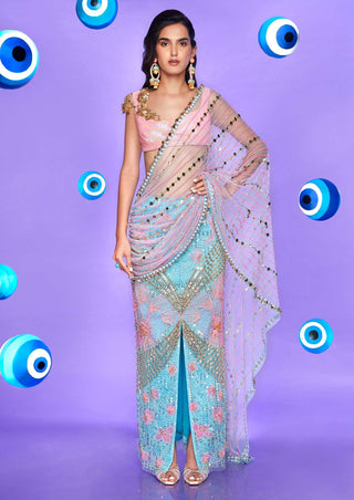 Papa Don'T Preach By Shubhika-Ice Blue Pre-Stitched Sari With Bralette-INDIASPOPUP.COM