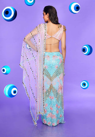 Papa Don'T Preach By Shubhika-Ice Blue Pre-Stitched Sari With Bralette-INDIASPOPUP.COM