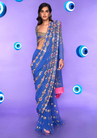 Papa Don'T Preach By Shubhika-Blue Studded Pre-Stitched Sari With Blouse-INDIASPOPUP.COM
