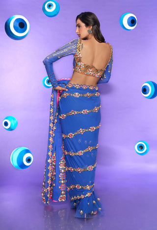 Papa Don'T Preach By Shubhika-Blue Studded Pre-Stitched Sari With Blouse-INDIASPOPUP.COM
