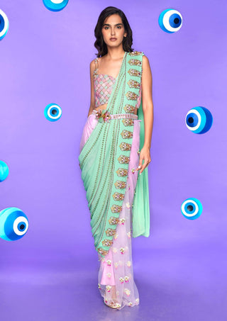 Papa Don'T Preach By Shubhika-Mint Lilac Pre-Stitched Sari With Bralette-INDIASPOPUP.COM