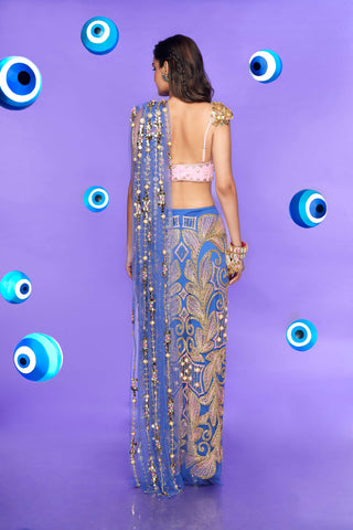 Papa Don'T Preach By Shubhika-Blue Pre-Stiched Tulle Sari With Blouse-INDIASPOPUP.COM