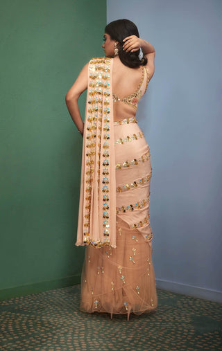 Papa Don'T Preach By Shubhika-Nude Embellished Stitched Sari With Blouse-INDIASPOPUP.COM