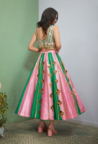 Papa Don'T Preach By Shubhika-Pink And Green Strips Half Lehenga With Blouse-INDIASPOPUP.COM