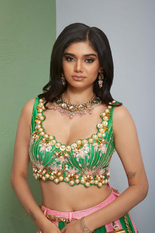 Papa Don'T Preach By Shubhika-Pink And Green Strips Half Lehenga With Blouse-INDIASPOPUP.COM