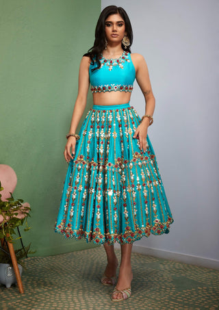 Papa Don'T Preach By Shubhika-Cerulean Blue Embellished Half Lehenga With Blouse-INDIASPOPUP.COM