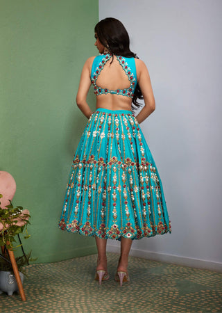 Papa Don'T Preach By Shubhika-Cerulean Blue Embellished Half Lehenga With Blouse-INDIASPOPUP.COM