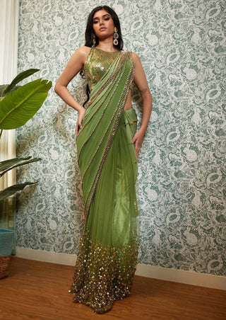 Papa Don'T Preach By Shubhika-Olive Green Embellished Stitched Sari With Blouse-INDIASPOPUP.COM