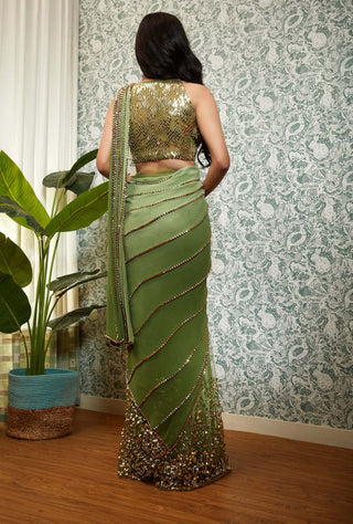Papa Don'T Preach By Shubhika-Olive Green Embellished Stitched Sari With Blouse-INDIASPOPUP.COM
