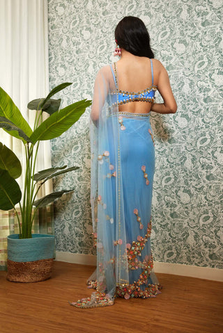 Papa Don'T Preach By Shubhika-Ice Blue Embellished Stitched Sari With Blouse-INDIASPOPUP.COM
