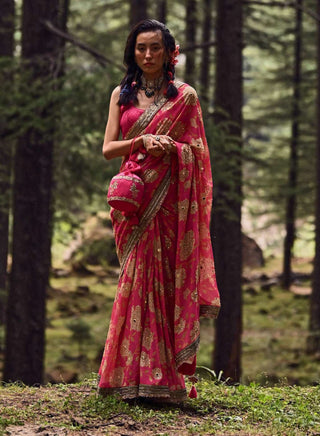 Paulmi & Harsh-Rani Pink Print Sari With Blouse-INDIASPOPUP.COM