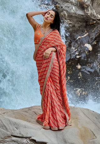 Paulmi & Harsh-Sherbet Orange Leheriya Sari Set-INDIASPOPUP.COM