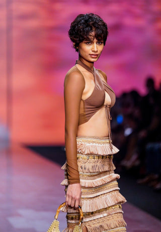 Nikita Mhaisalkar-Beige Rafia Skirt With Hand Embroidery-INDIASPOPUP.COM