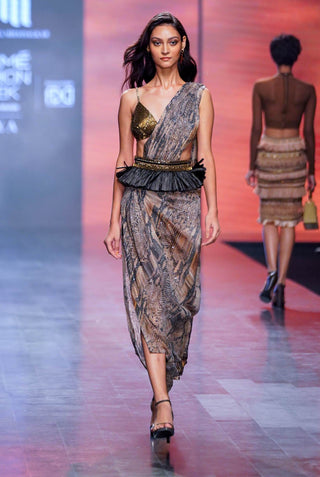 Nikita Mhaisalkar-Natural Python Print Drape Sari-INDIASPOPUP.COM