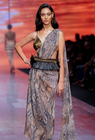 Nikita Mhaisalkar-Natural Python Print Drape Sari-INDIASPOPUP.COM