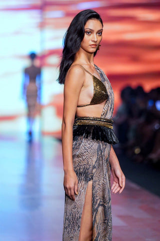 Nikita Mhaisalkar-Natural Python Print Drape Sari-INDIASPOPUP.COM