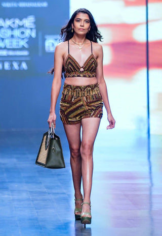 Nikita Mhaisalkar-Brown Embroidered Bralette-INDIASPOPUP.COM