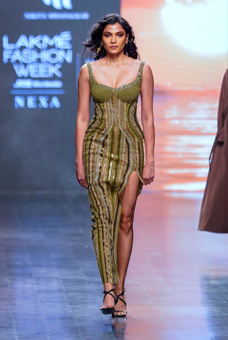 Nikita Mhaisalkar-Green Embroidered Dress With Slit-INDIASPOPUP.COM