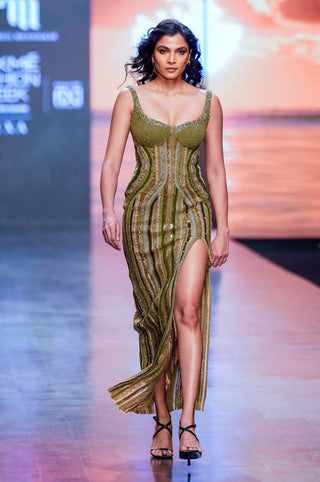 Nikita Mhaisalkar-Green Embroidered Dress With Slit-INDIASPOPUP.COM