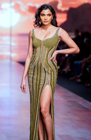 Nikita Mhaisalkar-Green Embroidered Dress With Slit-INDIASPOPUP.COM