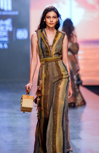 Nikita Mhaisalkar-Green Stripe Print Jumpsuit Saree-INDIASPOPUP.COM