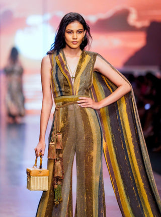 Nikita Mhaisalkar-Green Stripe Print Jumpsuit Saree-INDIASPOPUP.COM