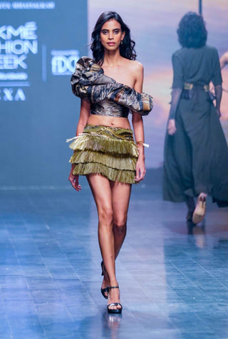 Nikita Mhaisalkar-Green Rafia Embroidery Skirt-INDIASPOPUP.COM