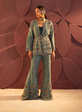 Parul And Preyanka-Teal Flora Embroidered Jacket And Pant Set-INDIASPOPUP.COM