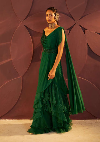 Parul And Preyanka-Green Embroidered Draped Sari Set-INDIASPOPUP.COM
