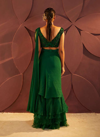 Parul And Preyanka-Green Embroidered Draped Sari Set-INDIASPOPUP.COM