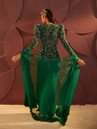 Parul And Preyanka-Emerald Green Draped Skirt Set-INDIASPOPUP.COM