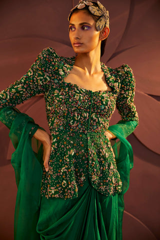 Parul And Preyanka-Emerald Green Draped Skirt Set-INDIASPOPUP.COM