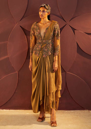 Parul And Preyanka-Gold Draped Sari Set-INDIASPOPUP.COM