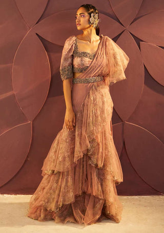 Parul And Preyanka-Dusty Rose Petal Ruffled Sari Set-INDIASPOPUP.COM
