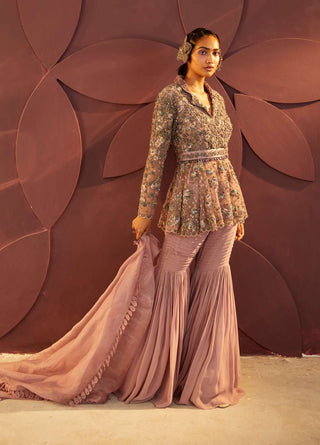 Parul And Preyanka-Rosewood Embroidered Sharara Set-INDIASPOPUP.COM