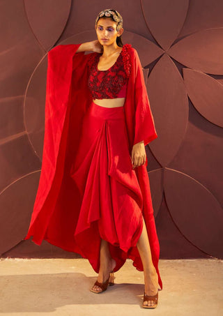 Parul And Preyanka-Red Cape With Blouse And Skirt-INDIASPOPUP.COM