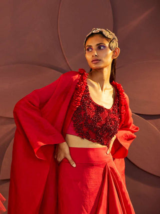 Parul And Preyanka-Red Cape With Blouse And Skirt-INDIASPOPUP.COM