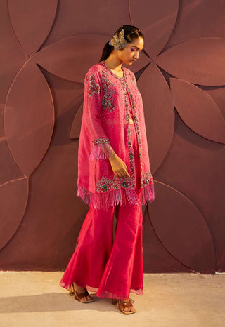 Parul And Preyanka-Fuchsia Embroidered Jacket With Pant Set-INDIASPOPUP.COM