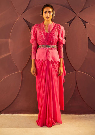Parul And Preyanka-Fuchsia Pink Draped Sari Set-INDIASPOPUP.COM