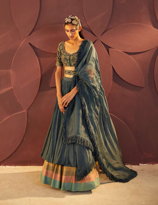 Parul And Preyanka-Teal Embroidered Lehenga Set-INDIASPOPUP.COM