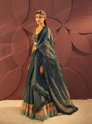 Parul And Preyanka-Teal Embroidered Lehenga Set-INDIASPOPUP.COM