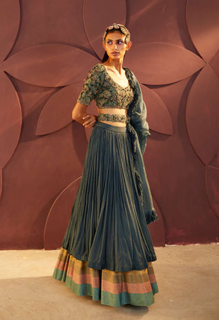 Parul And Preyanka-Teal Embroidered Lehenga Set-INDIASPOPUP.COM