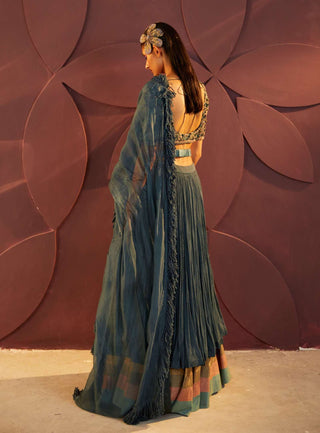 Parul And Preyanka-Teal Embroidered Lehenga Set-INDIASPOPUP.COM