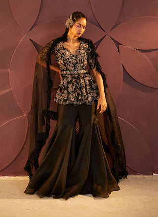 Parul And Preyanka-Black Noir Embroidered Sharara Set-INDIASPOPUP.COM