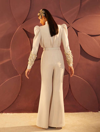 Parul And Preyanka-Ivory Applique Shirt With Flared Pant And Belt-INDIASPOPUP.COM
