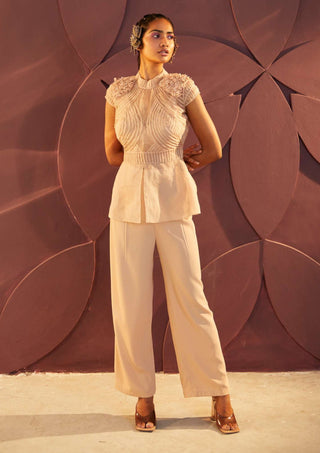 Parul And Preyanka-Peach Applique Top With Trouser And Inner-INDIASPOPUP.COM