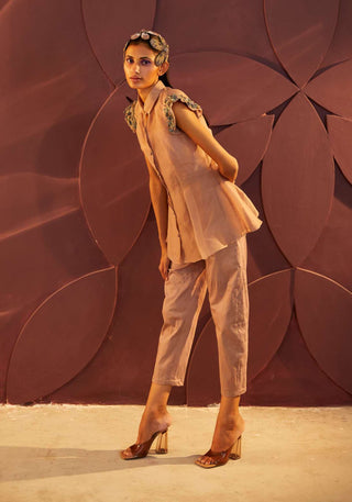 Parul And Preyanka-Dusty Rose Peplum Shirt And Chino Pant Set-INDIASPOPUP.COM