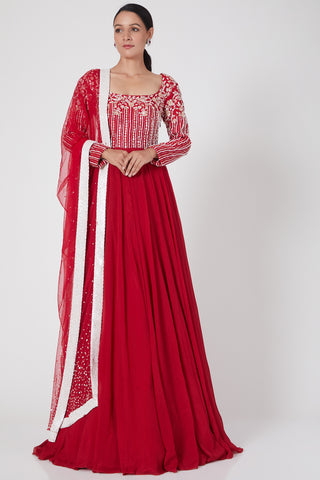 Pink Peacock Couture-Red Embroidered Anarkali Set-INDIASPOPUP.COM