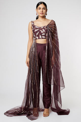 Pink Peacock Couture-Wine Embroidered Pant Set-INDIASPOPUP.COM