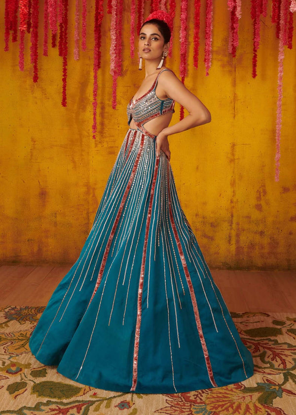 Pink Peacock Couture-Teal Blue Embellished Gown-INDIASPOPUP.COM